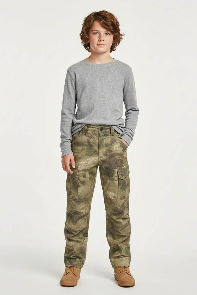 Pantalon Cargo Camouflage Garçon, Multipoches, Décontracté, Coton - Imprimé Toile