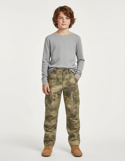 Pantalon Cargo Camouflage Garçon, Multipoches, Décontracté, Coton - Imprimé Toile