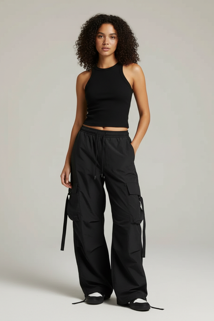 Pantalon Cargo Noir Ample Streetwear Fluide - Polyester