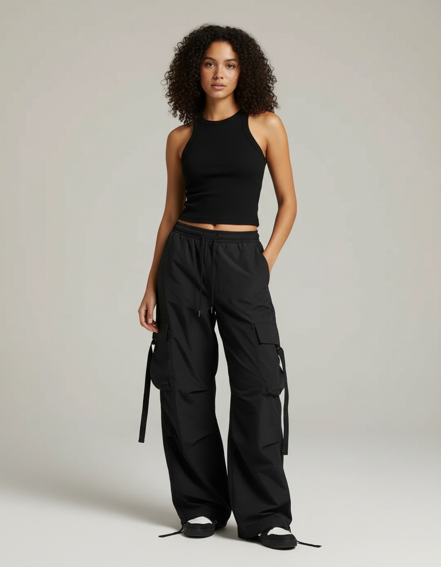 Pantalon Cargo Noir Ample Streetwear Fluide - Polyester
