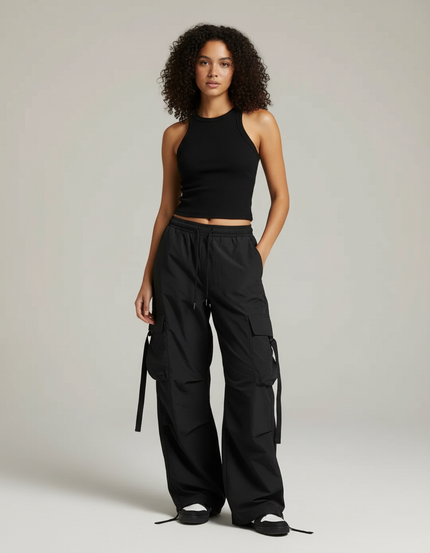 Pantalon Cargo Noir Ample Streetwear Fluide - Polyester