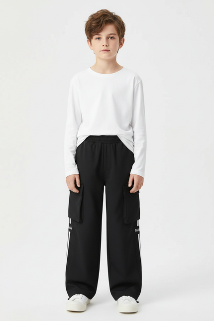 Pantalon Cargo Noir Ample Rayures Blanches Enfant - Polyester