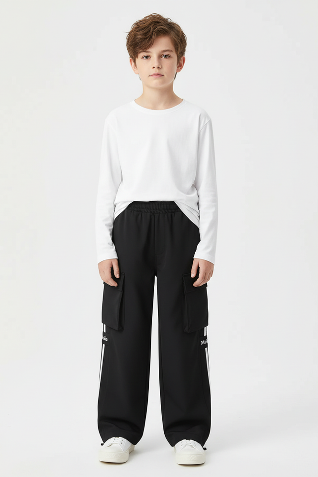 Pantalon Cargo Noir Ample Rayures Blanches Enfant - Polyester