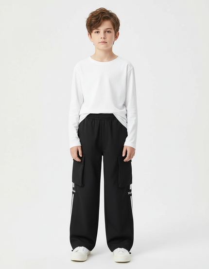 Pantalon Cargo Noir Ample Rayures Blanches Enfant - Polyester