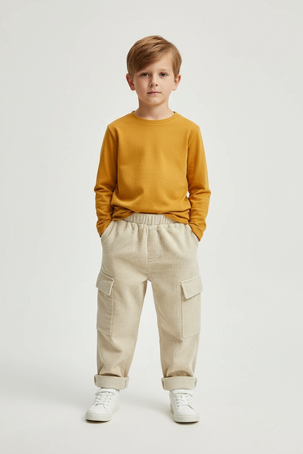 Pantalon Cargo Côtelé Beige Ample Enfant - Cordé
