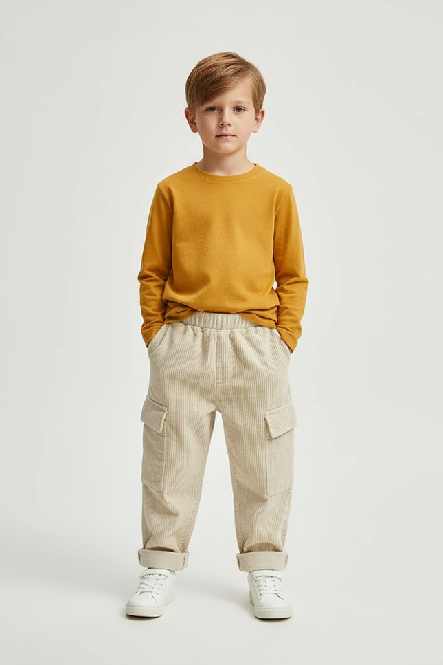 Pantalon Cargo Côtelé Beige Ample Enfant - Cordé
