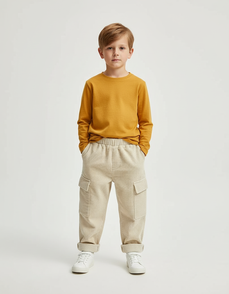 Pantalon Cargo Côtelé Beige Ample Enfant - Cordé