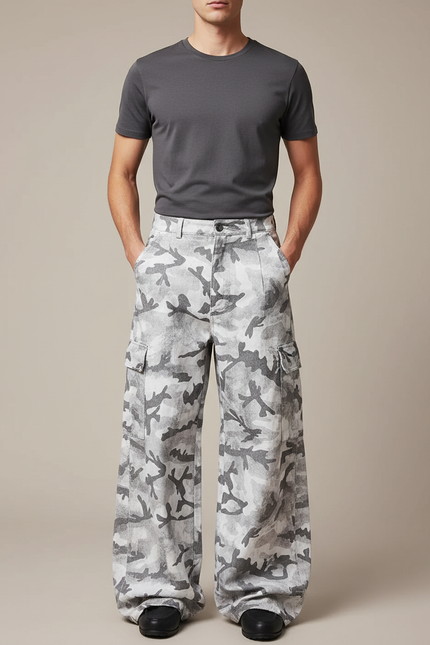Pantalon Cargo Gris Camouflage Ample Streetwear Homme - Toile