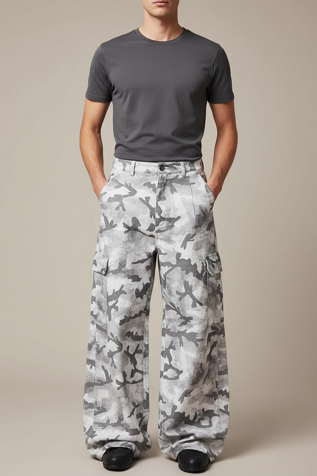 Pantalon Cargo Gris Camouflage Ample Streetwear Homme - Toile