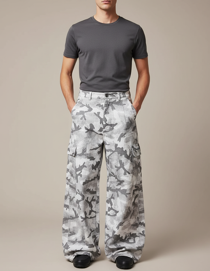 Pantalon Cargo Gris Camouflage Ample Streetwear Homme - Toile