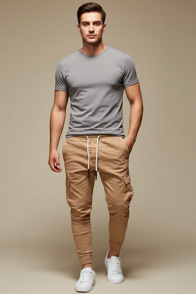 Pantalon Cargo Beige Coton Multipoches Cordon Décontracté