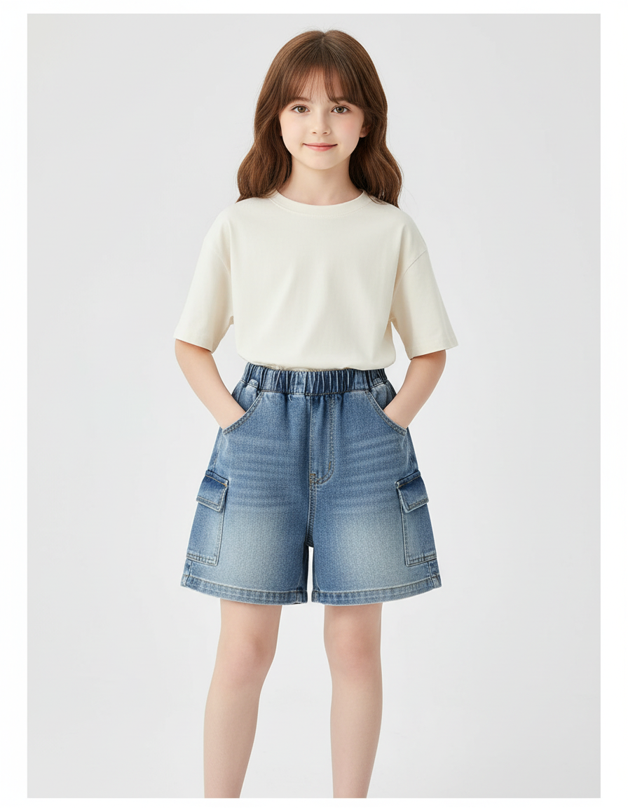 Pantalon Cargo Jean Bleu Ample Poches Enfants