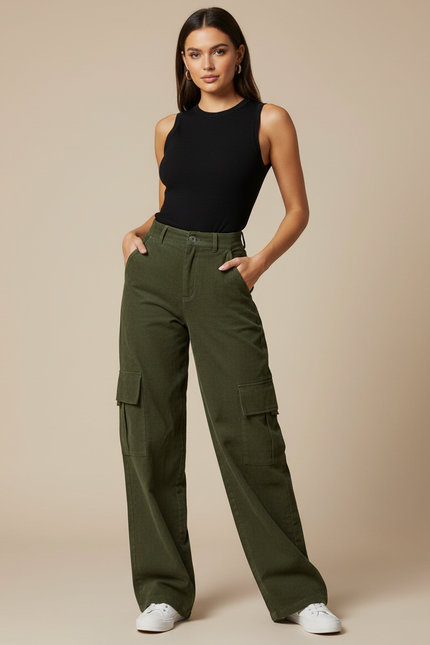 Pantalon Cargo Coton Femme - Kaki Cordé
