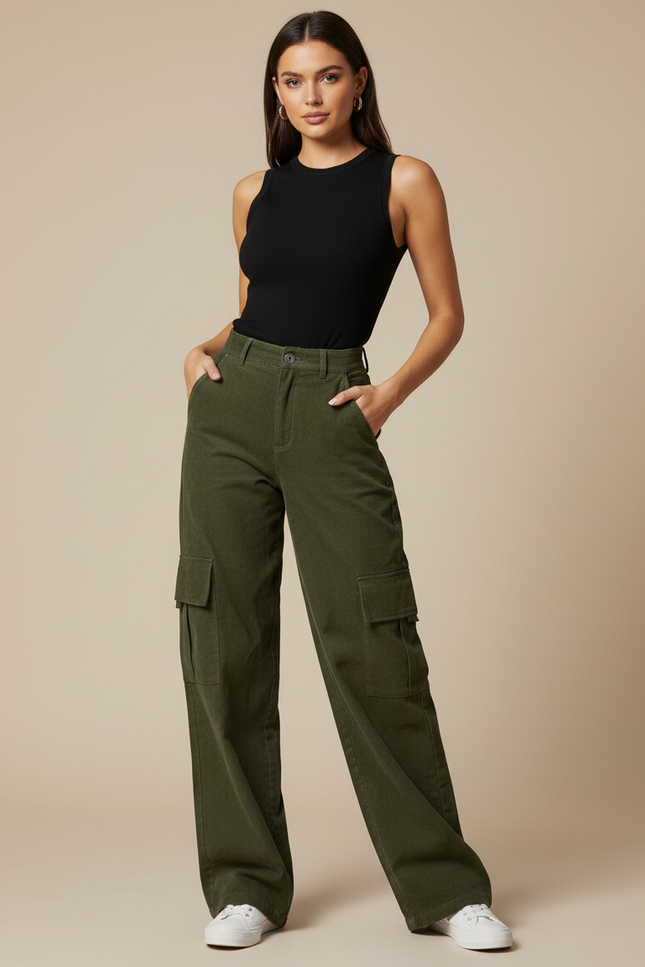 Pantalon Cargo Coton Femme - Kaki Cordé