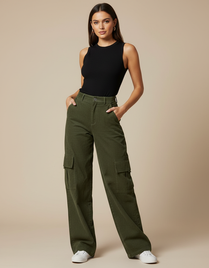 Pantalon Cargo Coton Femme - Kaki Cordé