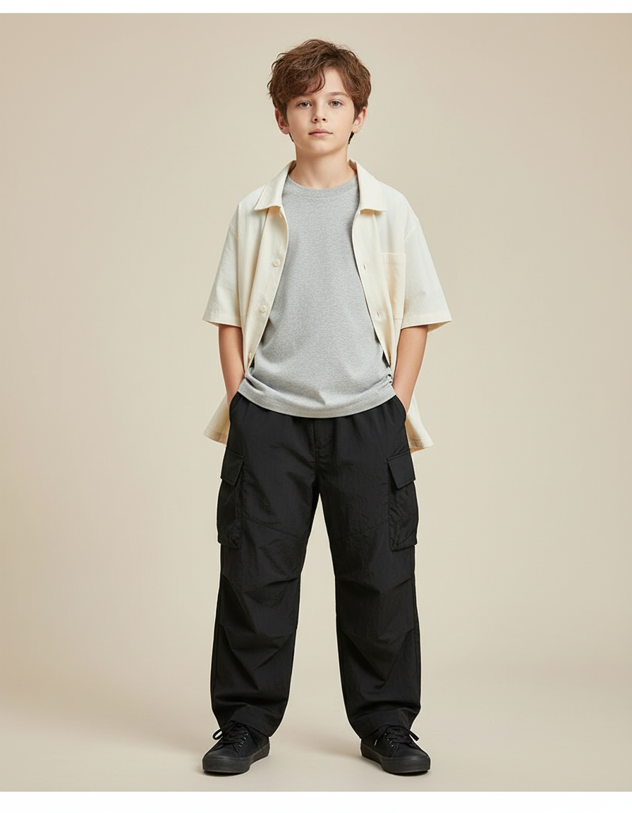 Pantalon Cargo Garçon Noir Parachute - Polyester