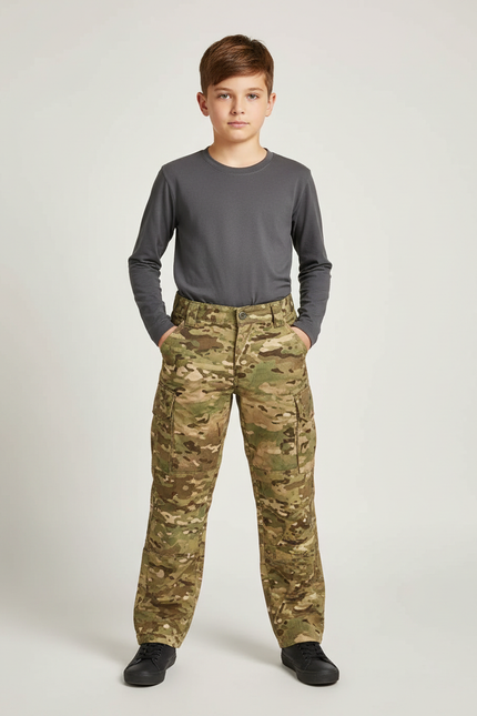 Pantalon Cargo Camouflage Militaire Enfant Multipoches Résistant - Multicolore Toile