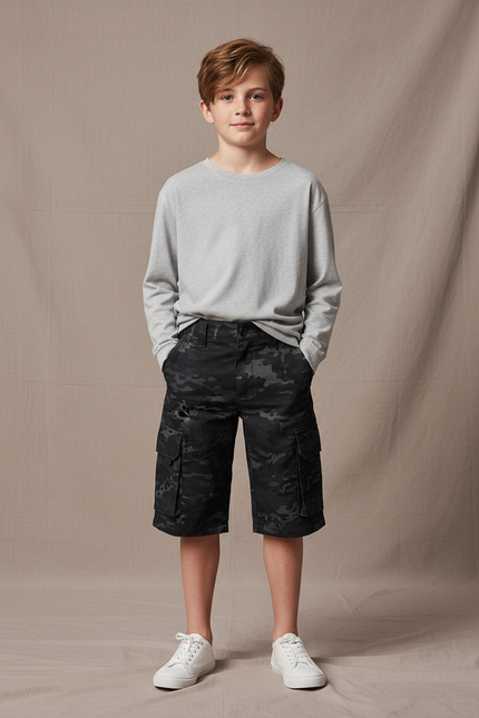Pantalon Cargo Noir Camouflage Enfant Multi-Poches Décontracté - Toile