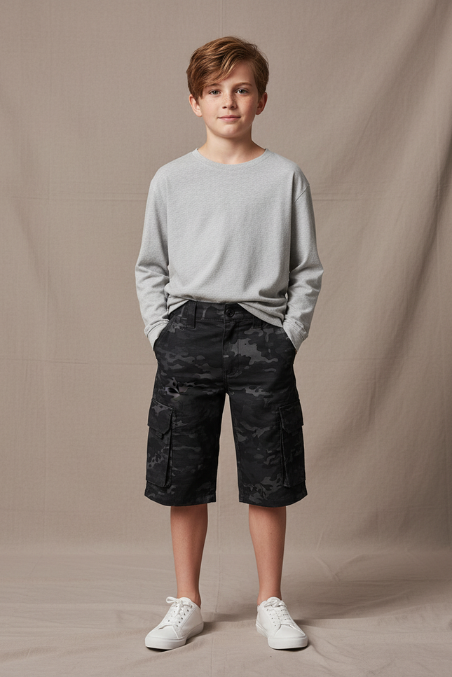 Pantalon Cargo Noir Camouflage Enfant Multi-Poches Décontracté - Toile