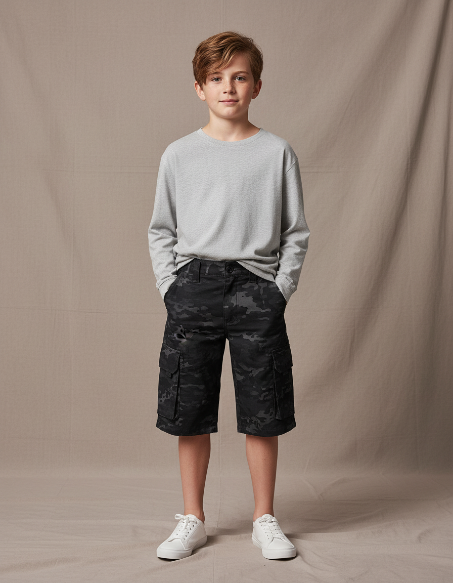 Pantalon Cargo Noir Camouflage Enfant Multi-Poches Décontracté - Toile
