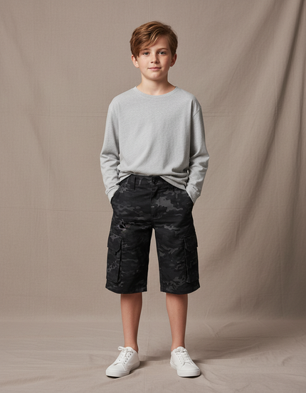 Pantalon Cargo Noir Camouflage Enfant Multi-Poches Décontracté - Toile