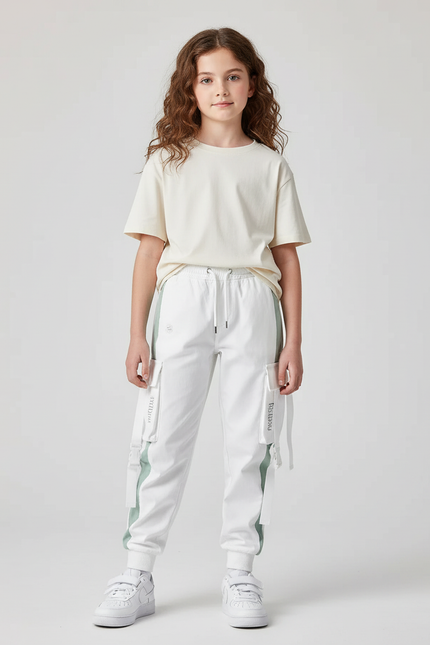 Pantalon Cargo Blanc Vert Décontracté Poches Multiples - Multicolore Molleton