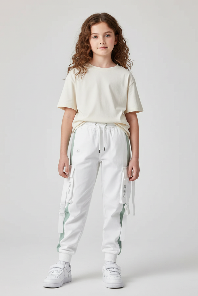 Pantalon Cargo Blanc Vert Décontracté Poches Multiples - Multicolore Molleton