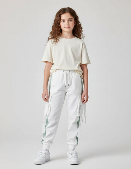 Pantalon Cargo Blanc Vert Décontracté Poches Multiples - Multicolore Molleton