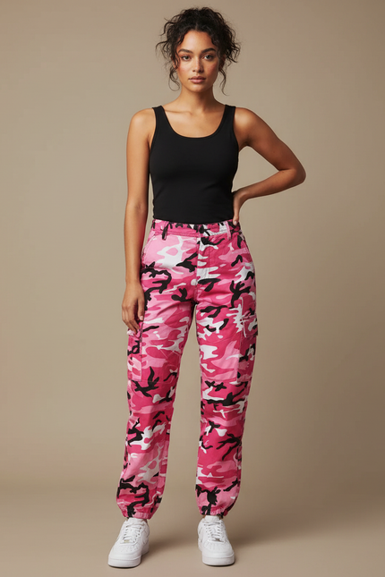 Pantalon Cargo Rose Camouflage Ample Femme Décontracté - Toile