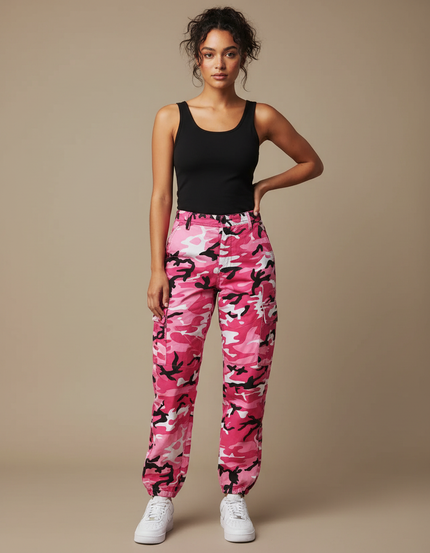 Pantalon Cargo Rose Camouflage Ample Femme Décontracté - Toile
