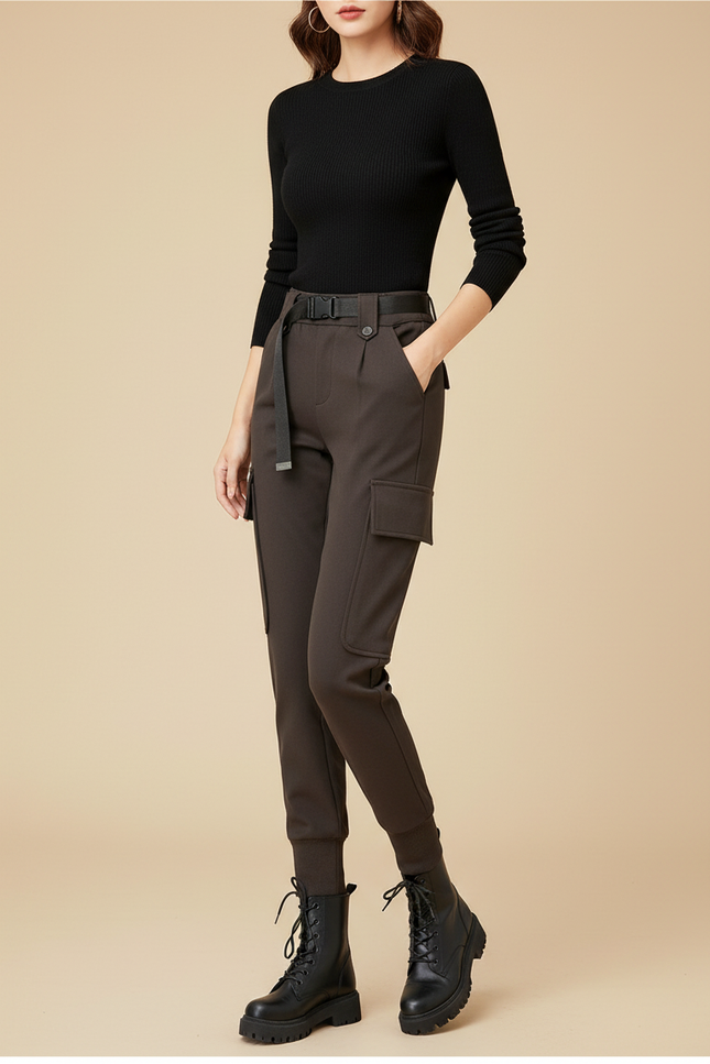 Pantalon Cargo Femme Taille Haute Élastique Molletonné - Kaki