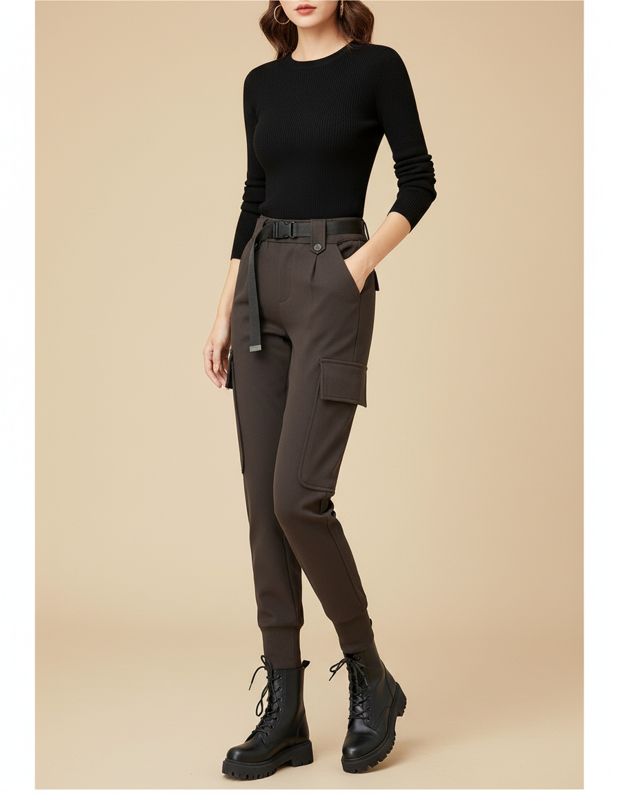 Pantalon Cargo Femme Taille Haute Élastique Molletonné - Kaki