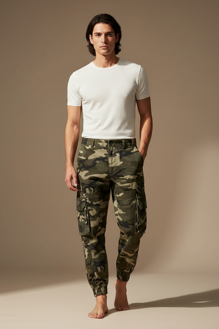 Pantalon Cargo Camouflage Vert Ample Décontracté Homme - Coton