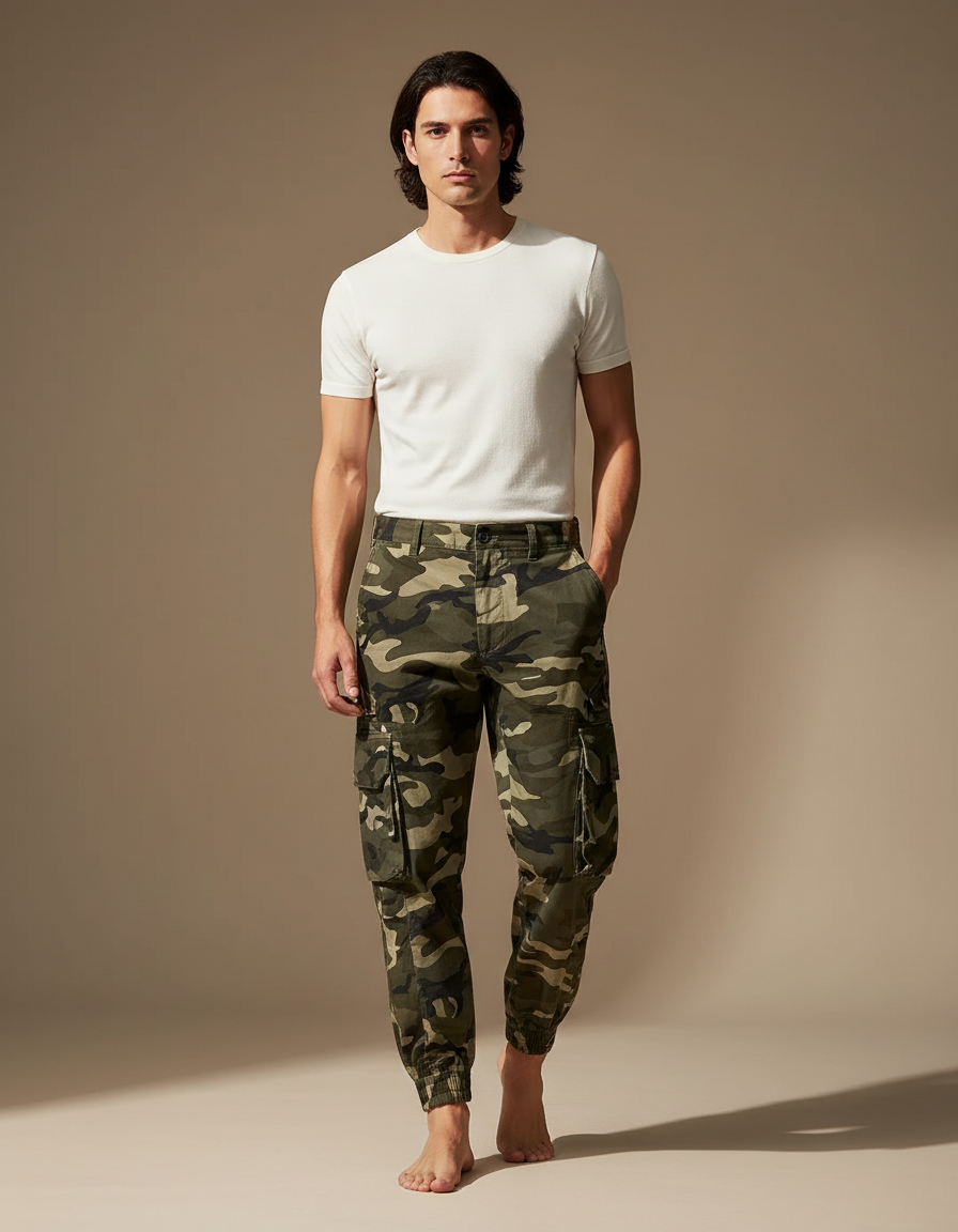 Pantalon Cargo Camouflage Vert Ample Décontracté Homme - Coton