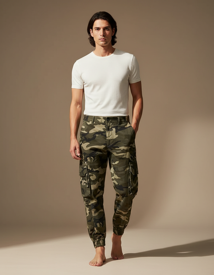 Pantalon Cargo Camouflage Vert Ample Décontracté Homme - Coton