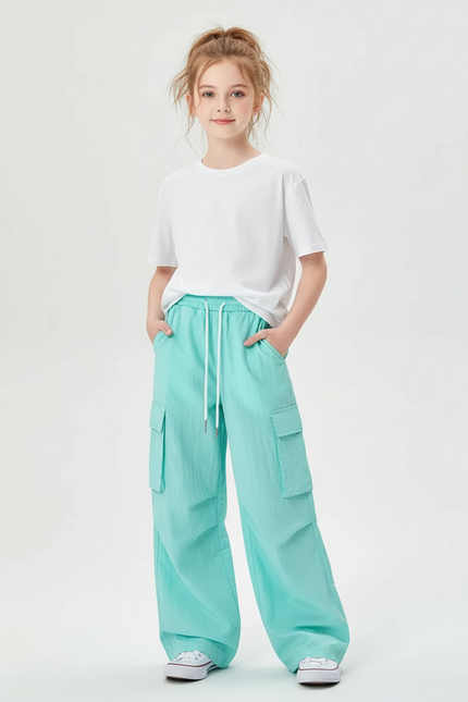 Pantalon Cargo Ample Turquoise Fluide Fille - Bleu Polyester