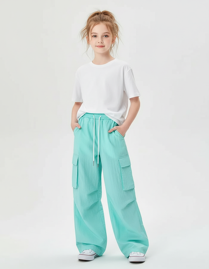 Pantalon Cargo Ample Turquoise Fluide Fille - Bleu Polyester