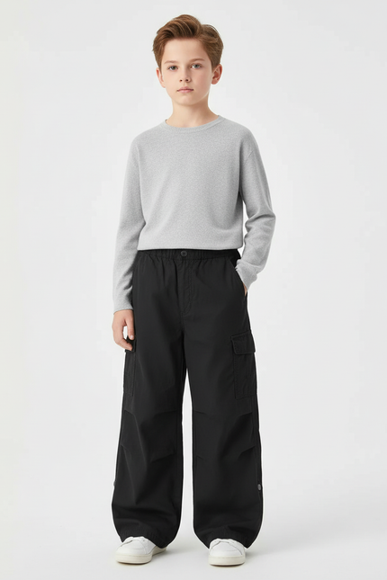 Pantalon Cargo Noir Ample Décontracté Multipoches Enfant - Polyester