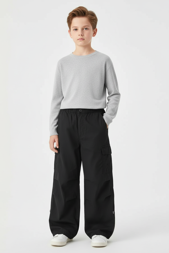 Pantalon Cargo Noir Ample Décontracté Multipoches Enfant - Polyester