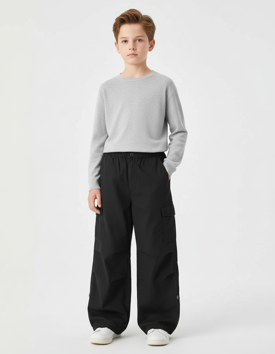 Pantalon Cargo Noir Ample Décontracté Multipoches Enfant - Polyester