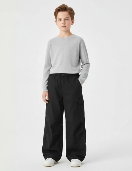 Pantalon Cargo Noir Ample Décontracté Multipoches Enfant - Polyester