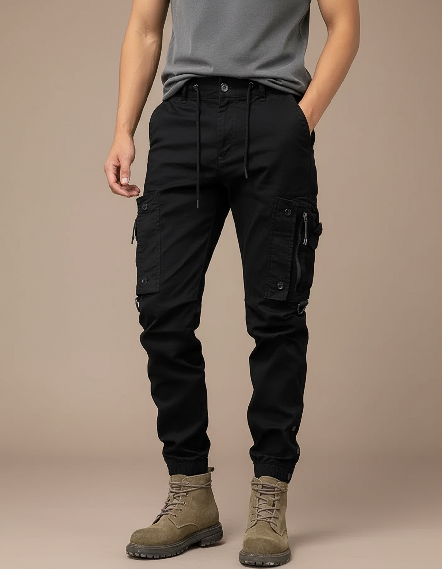 Pantalon Cargo Noir Homme Slim Multipoches Décontracté - Toile