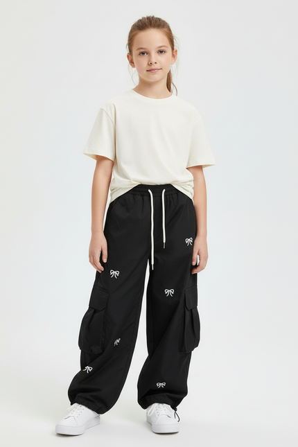 Pantalon Cargo Noir Couture Blanche - Polyester