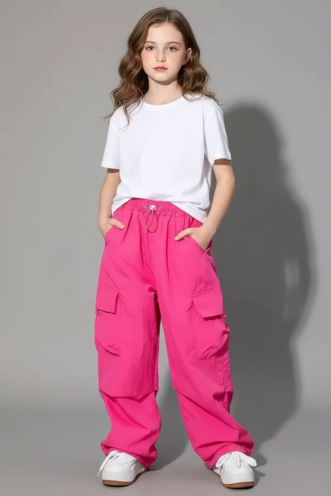 Pantalon Cargo Rose Ample Multipoches Streetwear Fille - Polyester