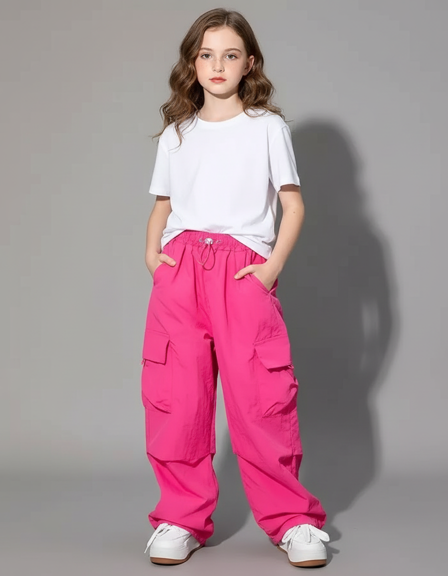 Pantalon Cargo Rose Ample Multipoches Streetwear Fille - Polyester