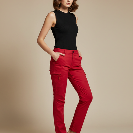 Pantalon Cargo Rouge Droit Multipoches Coton Femme