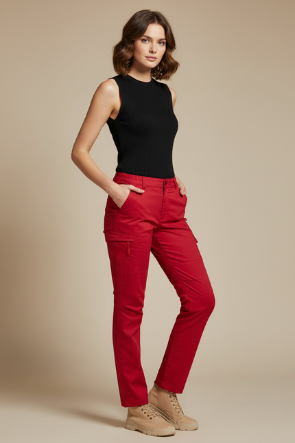Pantalon Cargo Rouge Droit Multipoches Coton Femme