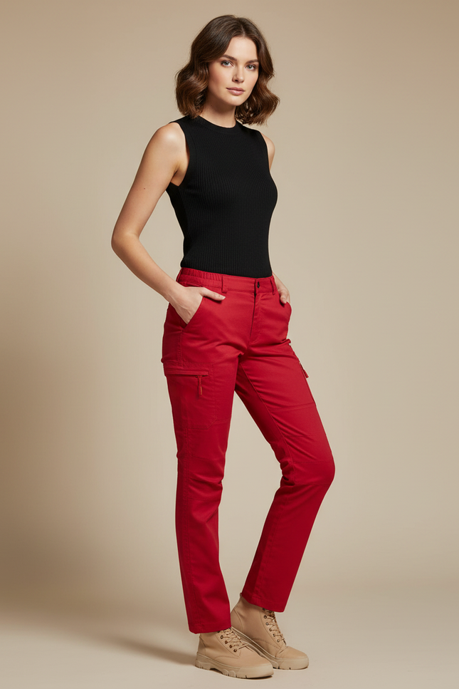 Pantalon Cargo Rouge Droit Multipoches Coton Femme