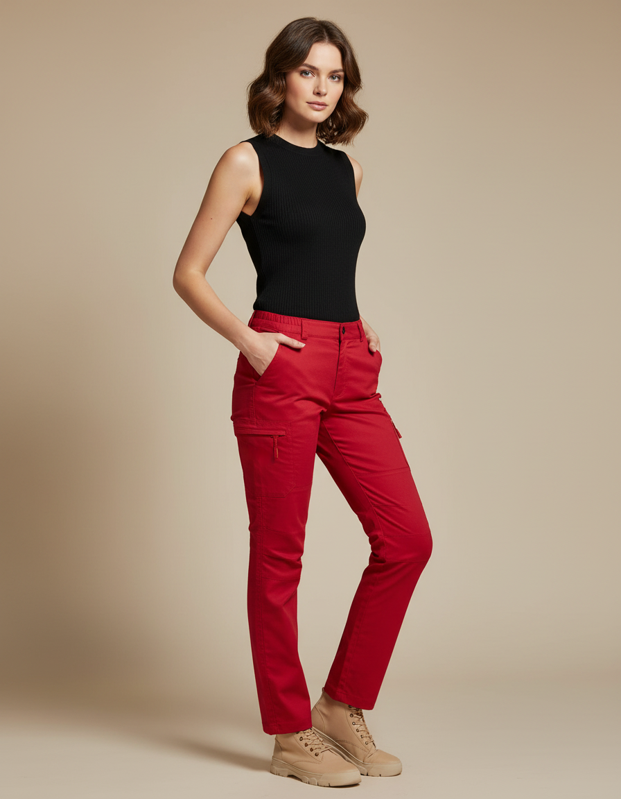 Pantalon Cargo Rouge Droit Multipoches Coton Femme