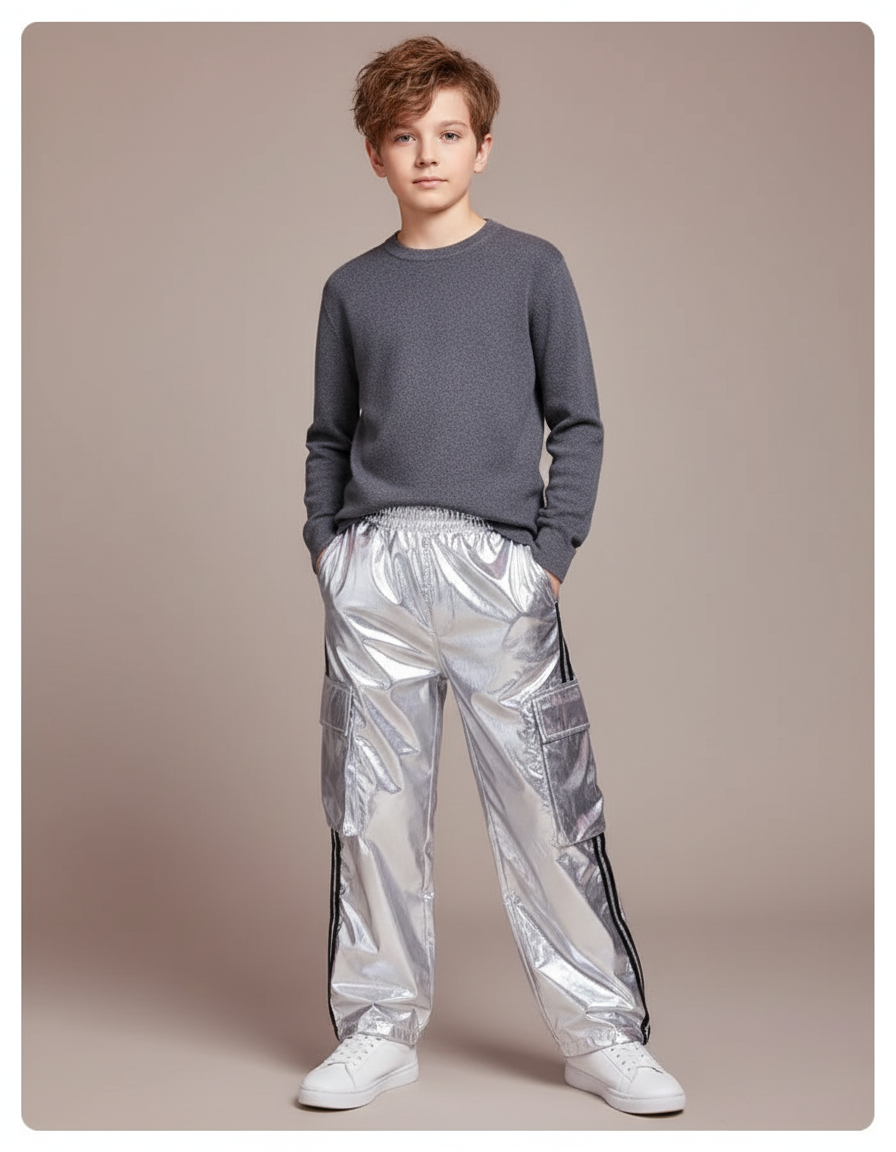 Pantalon Cargo Argenté Brillant Ample Pailleté Enfant - Polyester